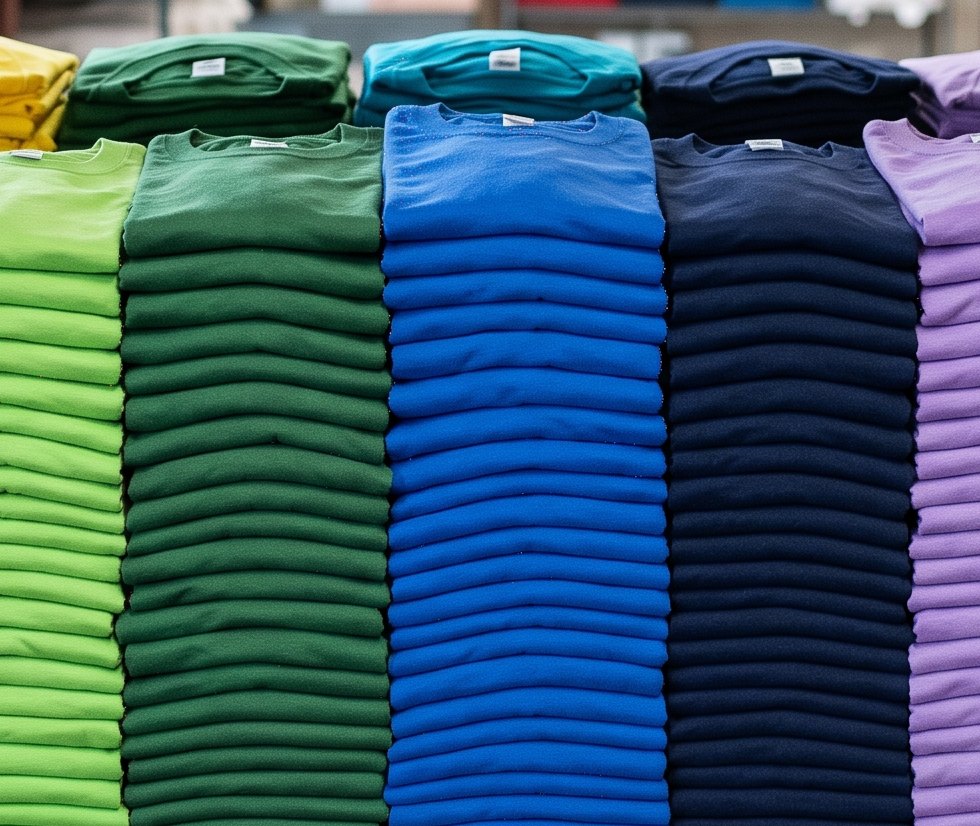 Blank t-shirts stacked in green, blue and navy at Tee Shirt People