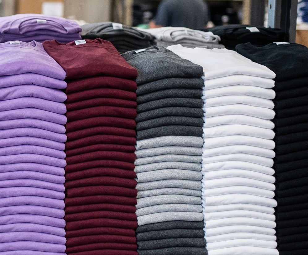 Deep colourway blanks stacked for a volume screen printing run