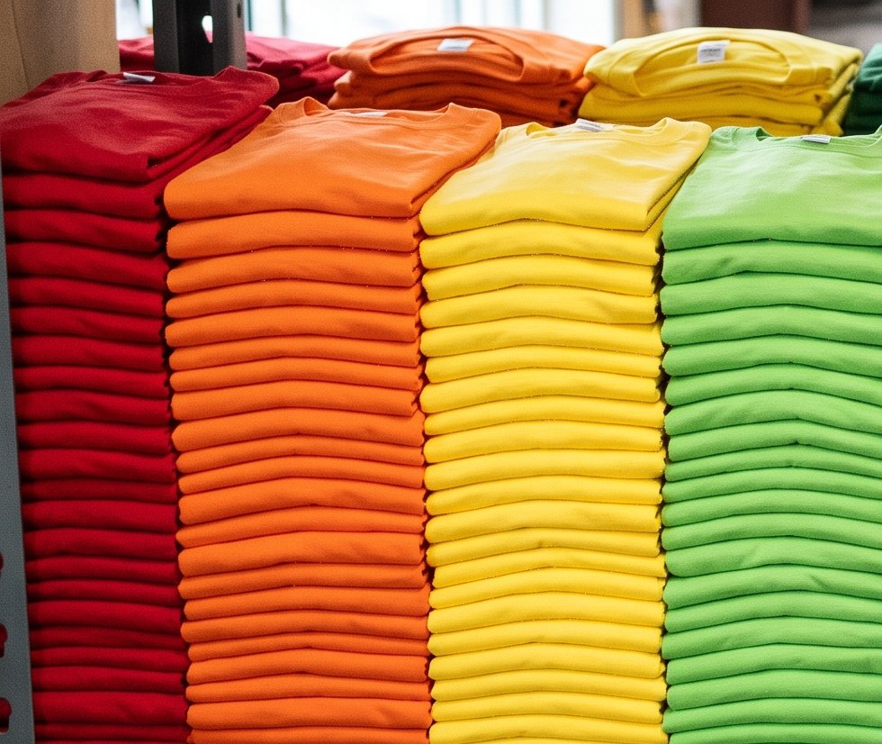 Blank t-shirts stacked by colour, ready for DTF printing