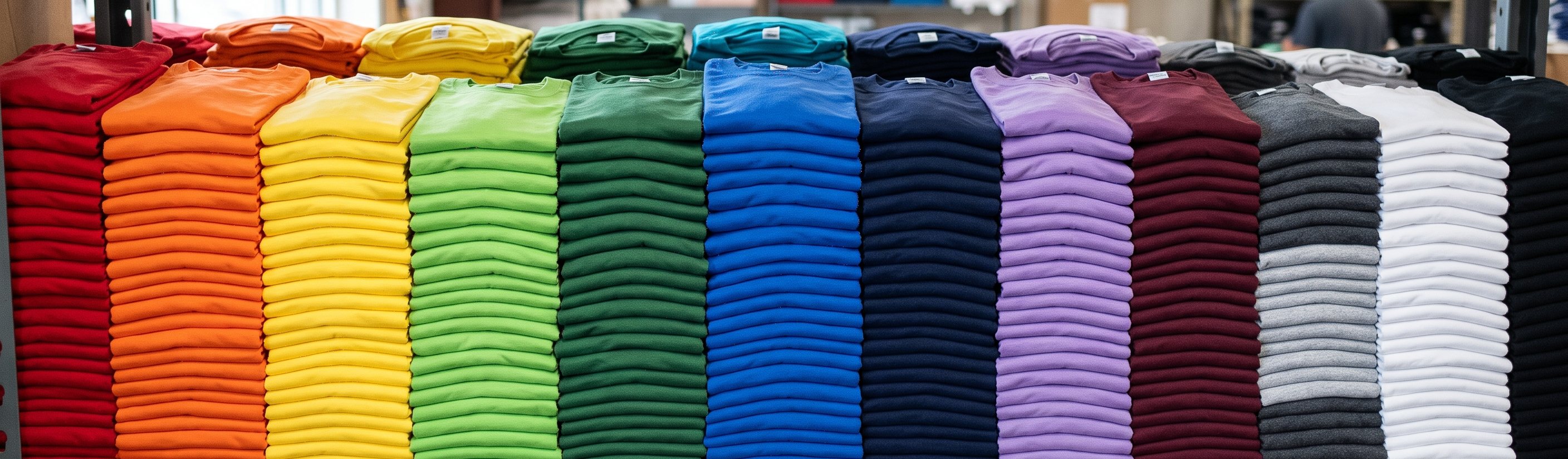 A full wall of blank t-shirts stacked by colour at Tee Shirt People in North York